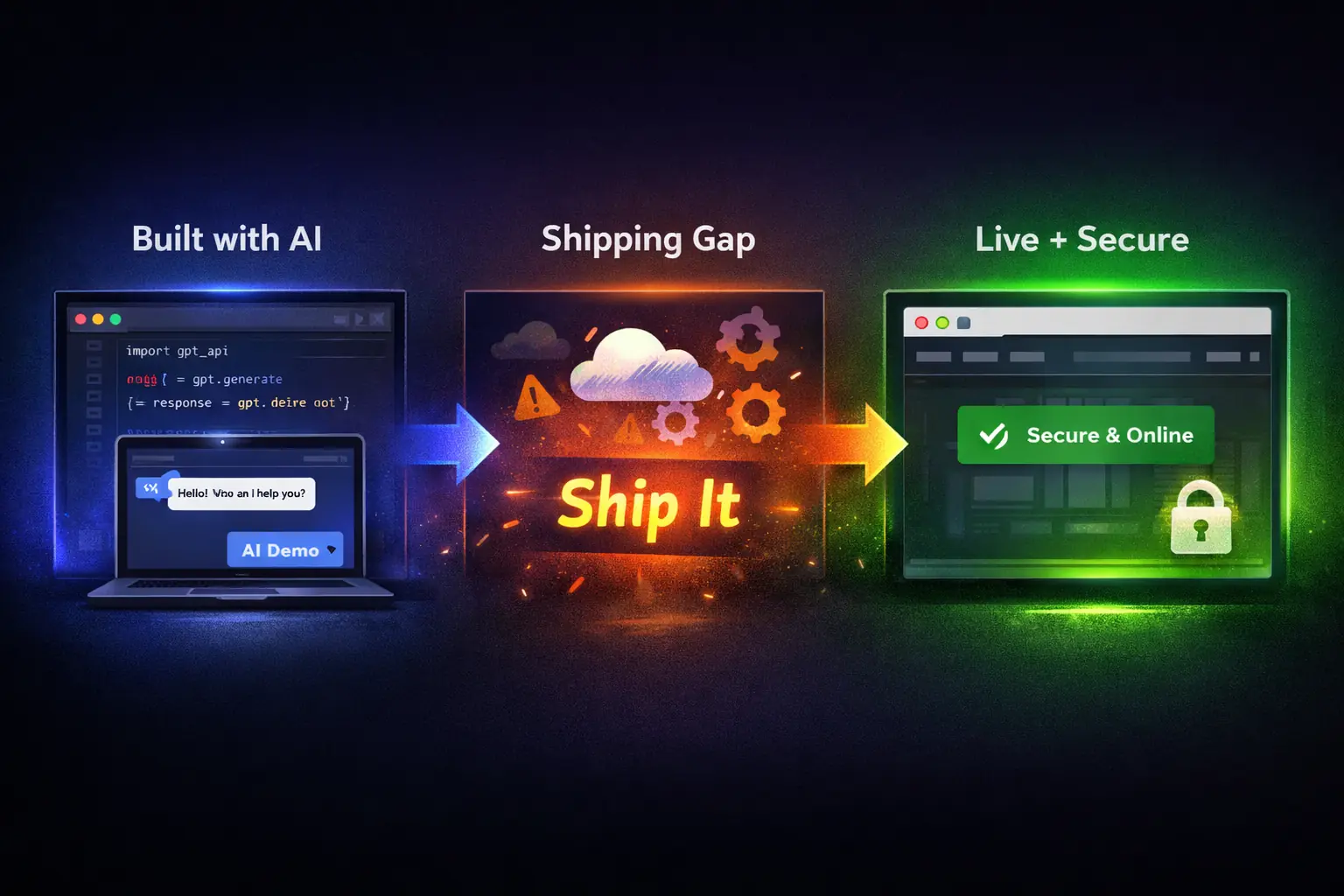 Diagram showing the deployment flow from AI-built code to production infrastructure